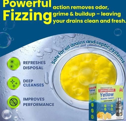 Lemon Blast Yellow Bubble Tablets, Odor Eliminator + Blockage Remover (Pack of 24 Pcs)