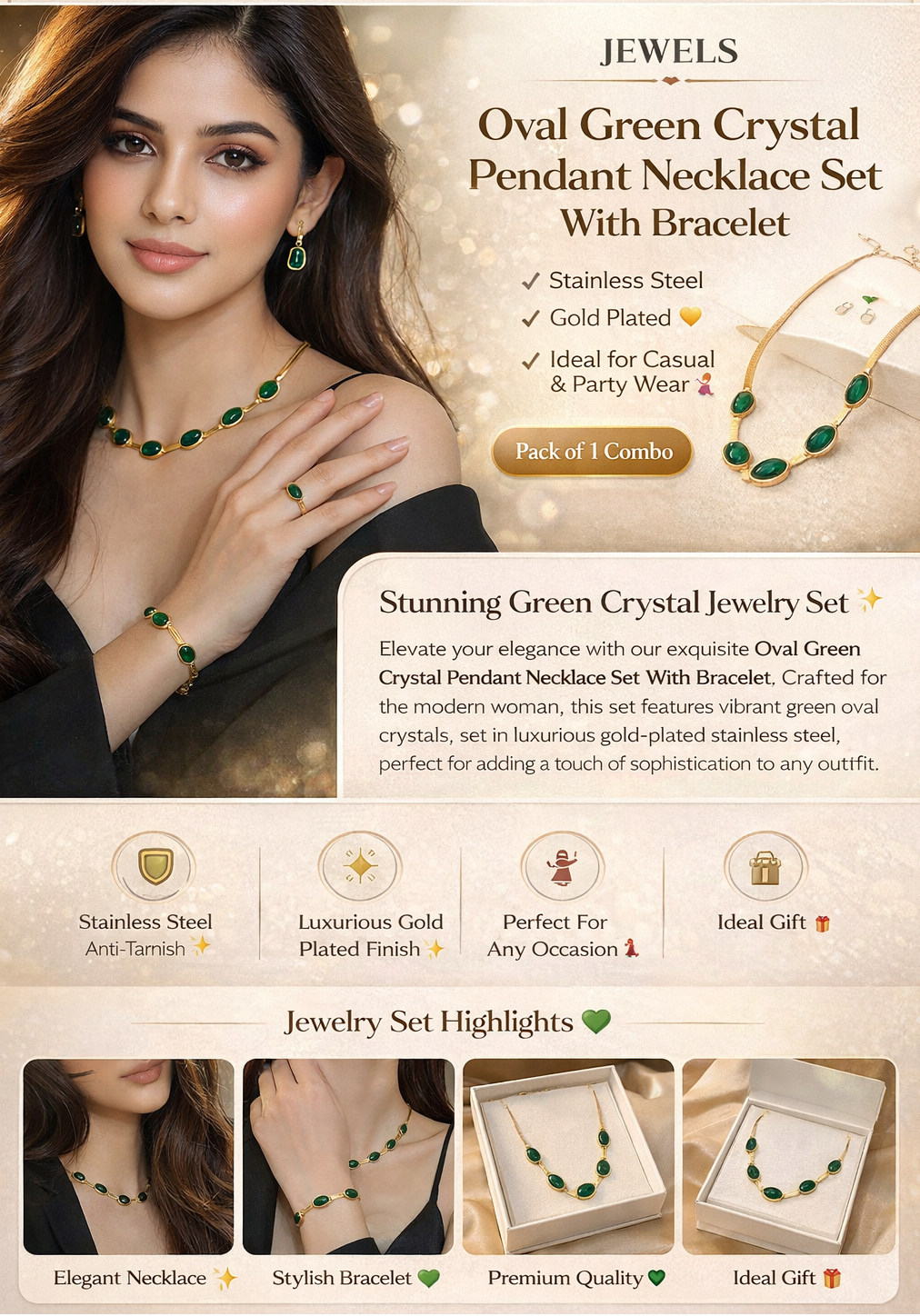Oval Green Crystal Pendant Necklace Set With Bracelet